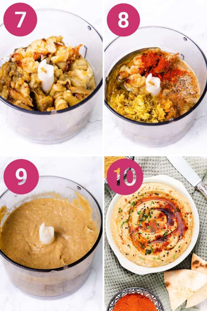 4 images in a grid showing the steps to make Baba Ghanouj.