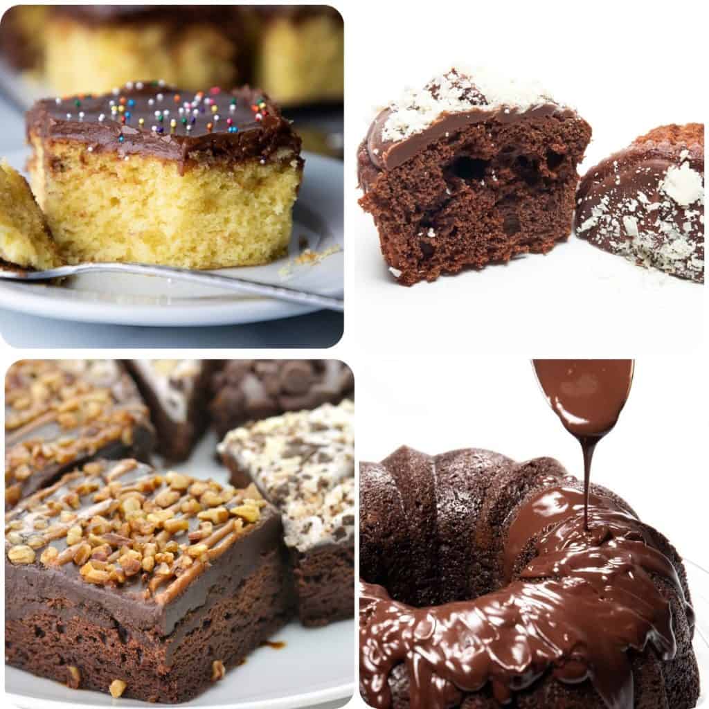 a selection of phtos showing cakes and desserts with chocolate frosting