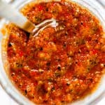 overhead shot of a jar of salsa