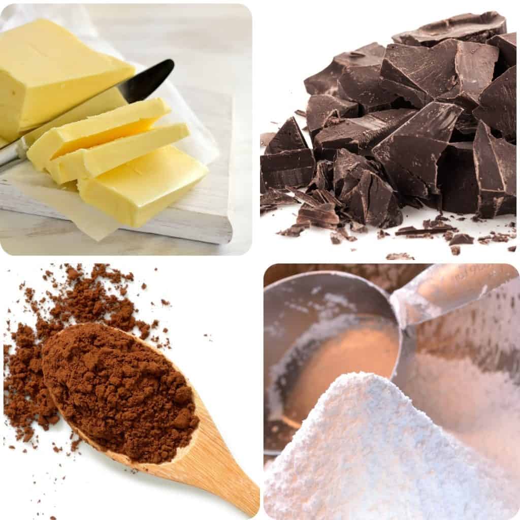 a photo of butter, chocolate, cocoa powder, and sugar