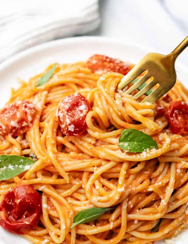 A white plate with a serving of spaghetti with tomato sauce and basil leaves.