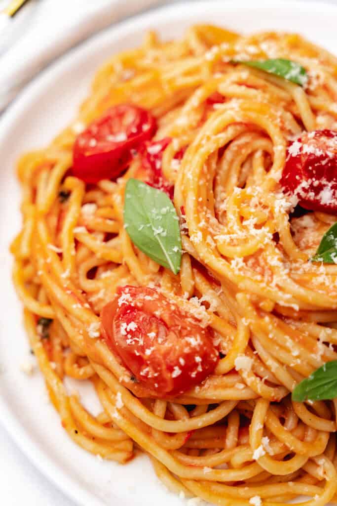 A white plate with a serving of spaghetti with tomato sauce and basil leaves.