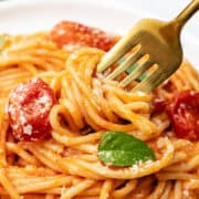 A white plate with a serving of spaghetti with tomato sauce and basil leaves.