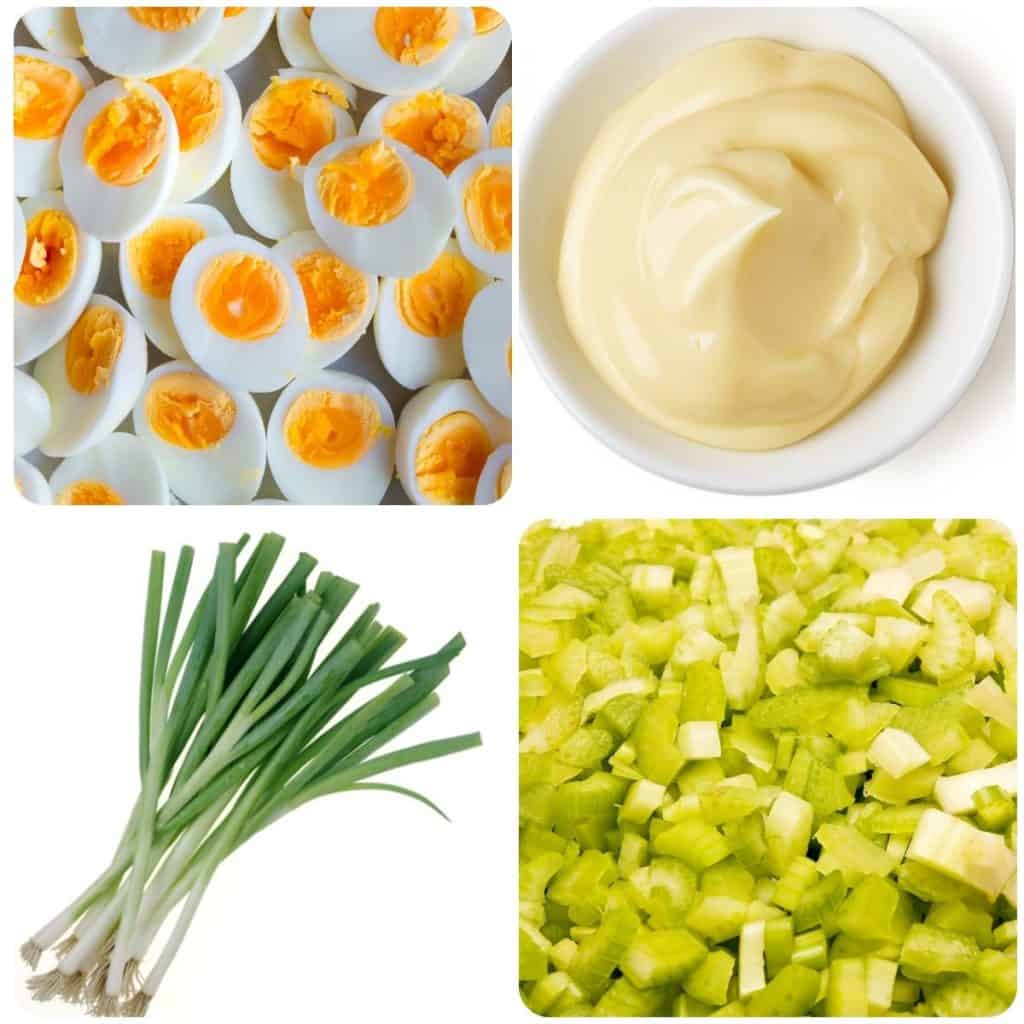 egg salad ingredients; eggs, mayonnaise, green onions and chopped celery