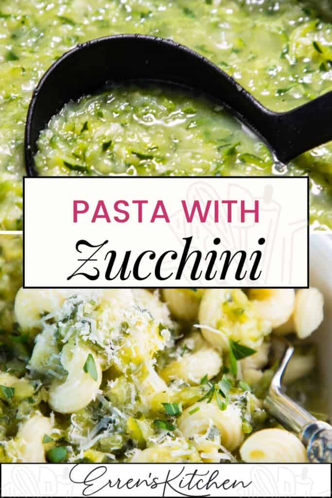 A photo of a bowl of pasta with zucchini sauce. The pasta is a long, thin noodle, and the zucchini sauce is green and chunky. There is a ladle in the background of the photo, and the text "PASTA WITH Zucchini" is written above the bowl. The photo is taken from Erren's Kitchen.