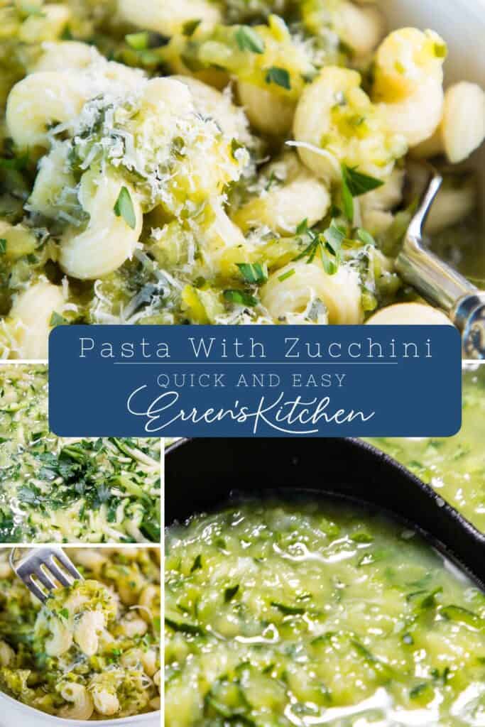 A close-up photo of a bowl of pasta with zucchini noodles and a creamy sauce. The pasta noodles are long, thin, and spiralized, and the sauce is light green with visible flecks of herbs. A parmesan cheese grater and a fork rest on the edge of the bowl. The text "PASTA WITH ZUCCHINI" is written above the bowl in white block letters.