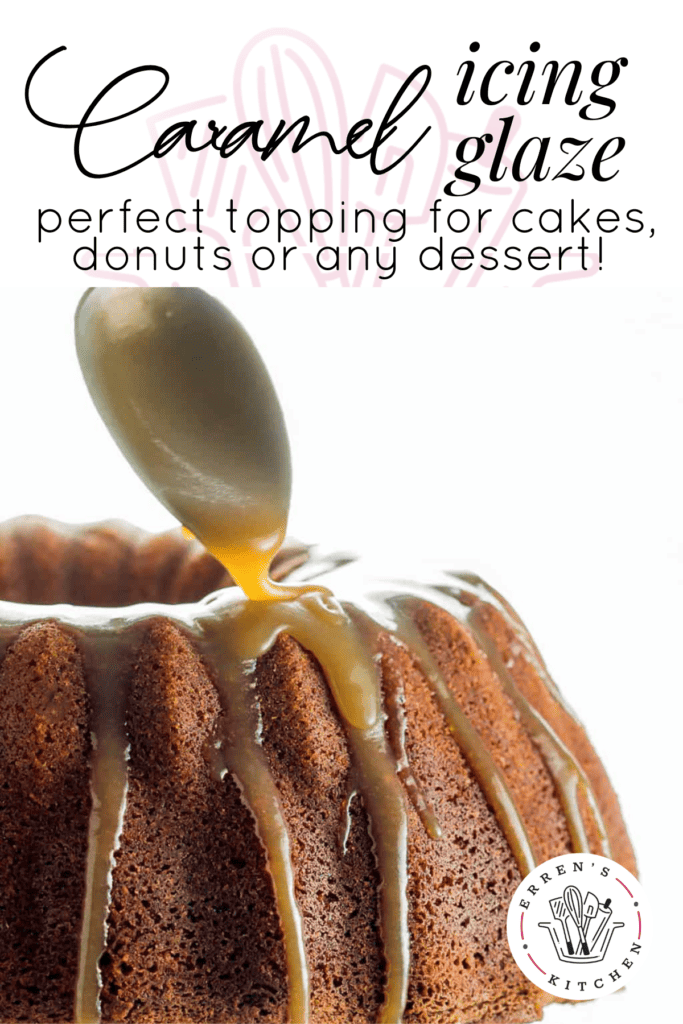 A creamy, buttery caramel icing glaze being drizzled onto a bundt cake with a spoon.