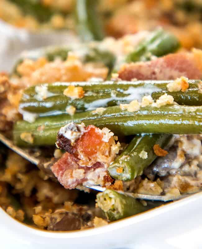 green bean casserole with bacon out of the oven