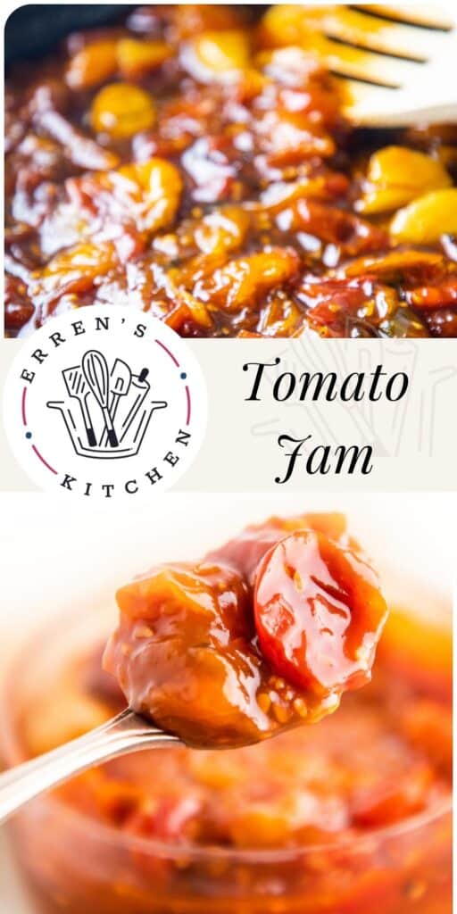 a pan of tomato jam cooking and a spoon serving the jam