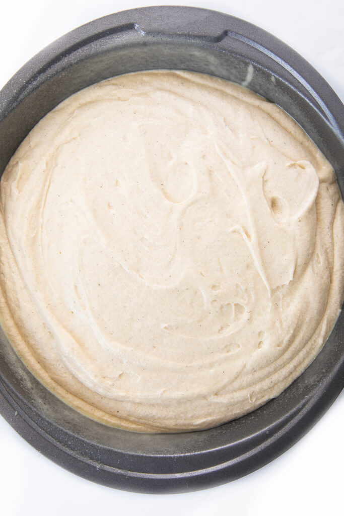 the cake batter in the pan