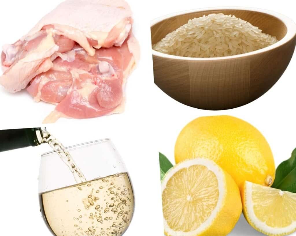 chicken thighs, white rice, white wine, and lemons