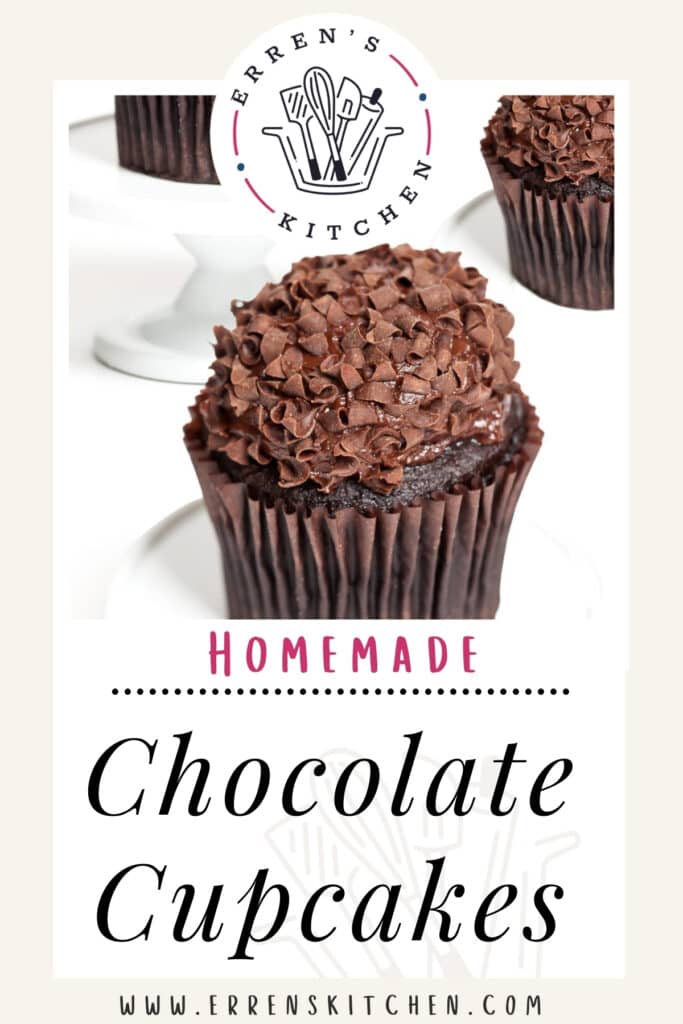 An image showcasing homemade chocolate cupcakes from Erren's Kitchen. The main focus is a large, scrumptious chocolate cupcake with rich frosting and chocolate shavings on top, prominently displayed in the foreground. In the background, two more cupcakes are partially visible, suggesting a set. Above, the Erren's Kitchen logo is circled with a tagline, and below, the words 'Homemade Chocolate Cupcakes' in a playful font invite viewers to visit www.errenskitchen.com for the recipe.