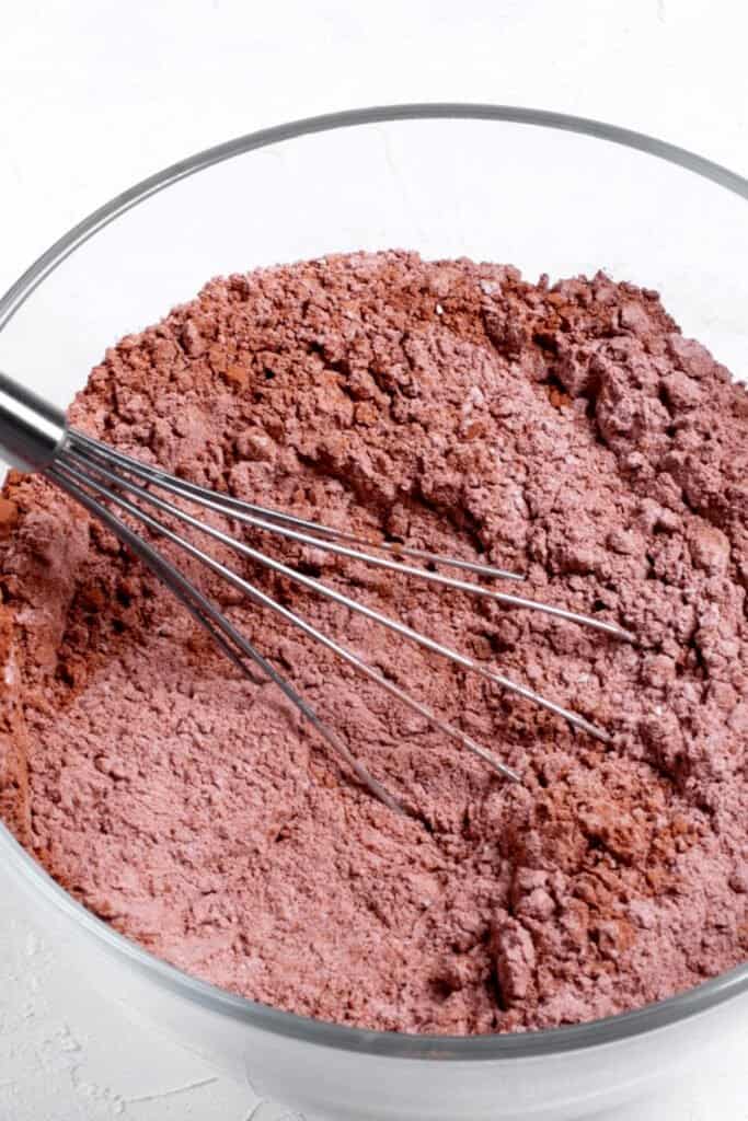 cocoa powder, sugar and flour sifted in a bowl