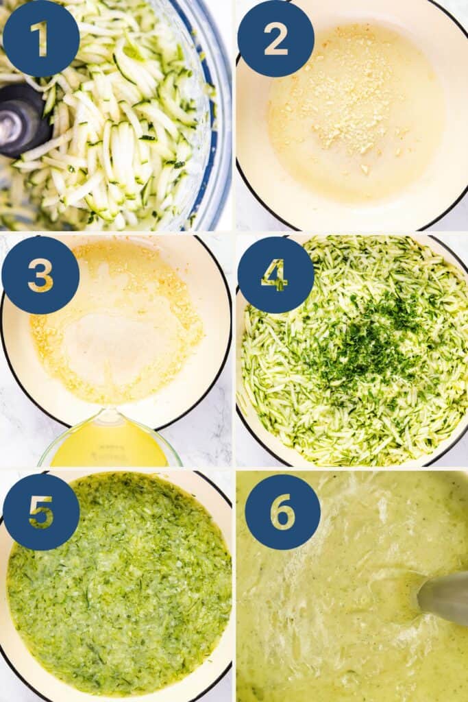 6 images in a grid showing the steps to make Zucchini Soup.