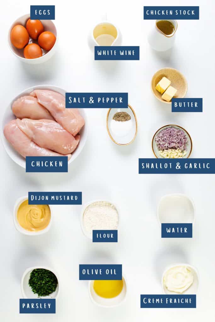 A stylish flat lay showcases all you need for Mustard Chicken: eggs, chicken stock, white wine, salt & pepper, chicken, butter, shallot & garlic, Dijon mustard, flour, water, olive oil, parsley, and crème fraîche. Each ingredient is thoughtfully labeled on a pristine white surface.