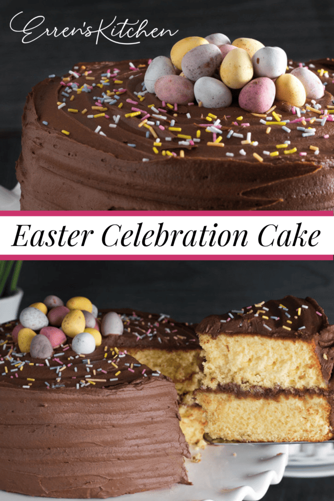 A yellow cake with chocolate frosting topped with sprinkles and colored eggs being cut and a slice taken away.