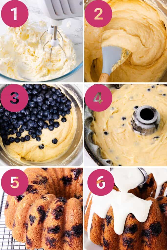 Six-step visual guide to making a lemon blueberry bundt cake: Step 1 shows cream cheese and butter being mixed with an electric mixer in a glass bowl; Step 2 illustrates the batter being stirred with a spatula; Step 3 displays fresh blueberries being folded into the batter; Step 4 shows the batter evenly spread in a greased bundt pan; Step 5 features the baked cake cooling on a wire rack; Step 6 shows smooth cream cheese icing being poured over the cooled cake.