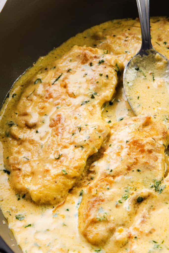 Close-up of creamy mustard garlic chicken in a pan, featuring golden-brown chicken breasts enveloped in a rich, creamy sauce with visible herbs. A spoon rests on the sauce, enhancing the warm, appetizing appearance.