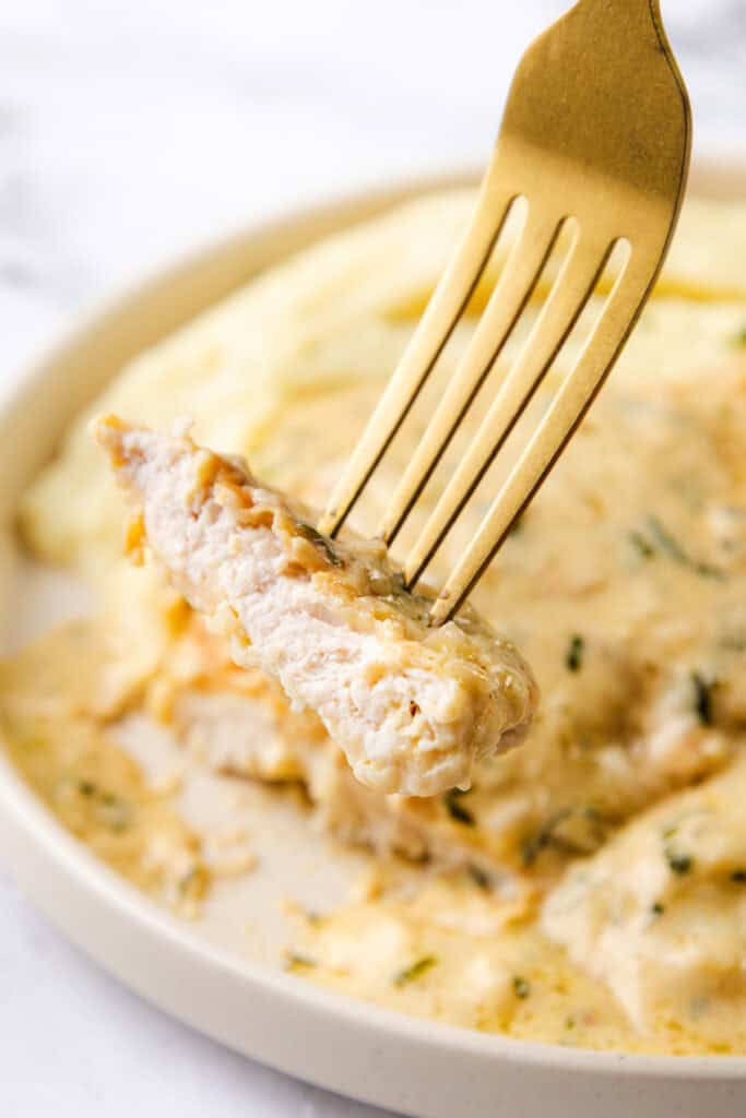 A close-up of a fork holding a piece of cooked Pork covered in a creamy mustard sauce. The dish is garnished with herbs and sits on a beige plate. A pile of mashed potatoes is visible in the background, evoking the warm comfort of classic Mustard Chicken.