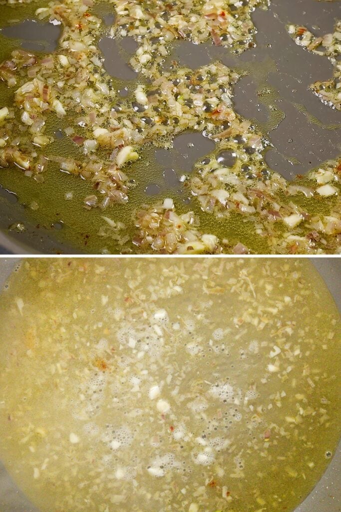 Two images: Top shows minced garlic and onions sautéing in olive oil in a pan. Bottom displays the same mixture simmering with mustard chicken in a rich broth, with visible bubbles and steam, highlighting the savory cooking process.