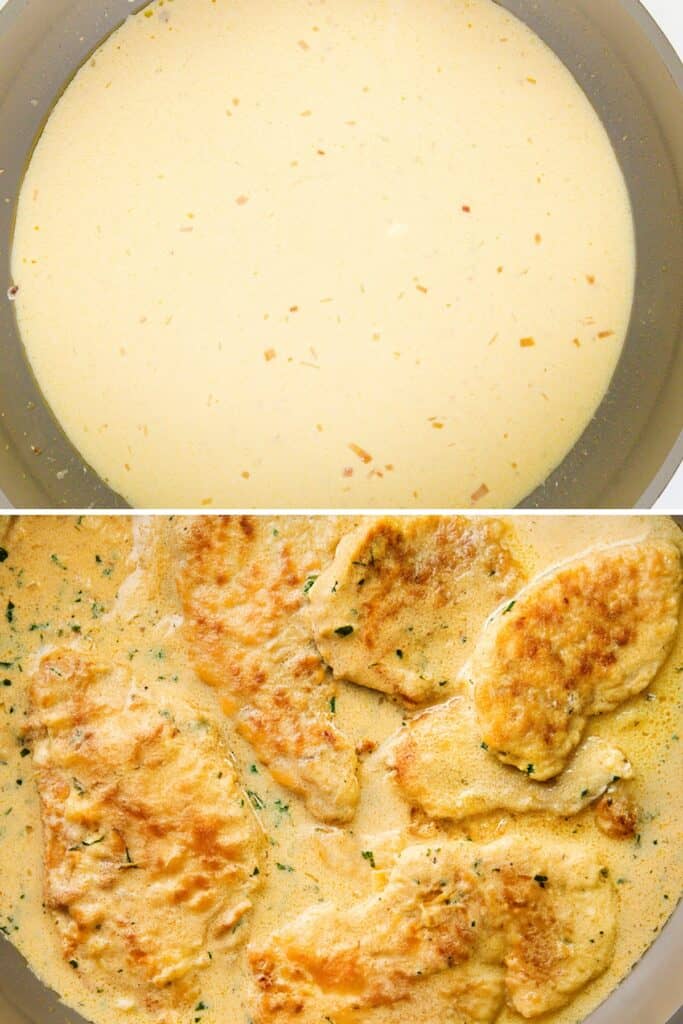 A two-part image: the top shows a creamy, light yellow mustard sauce in a pot with visible herbs. The bottom displays several pieces of cooked chicken fillets covered in the same rich, mustard chicken sauce, garnished with fresh herbs.