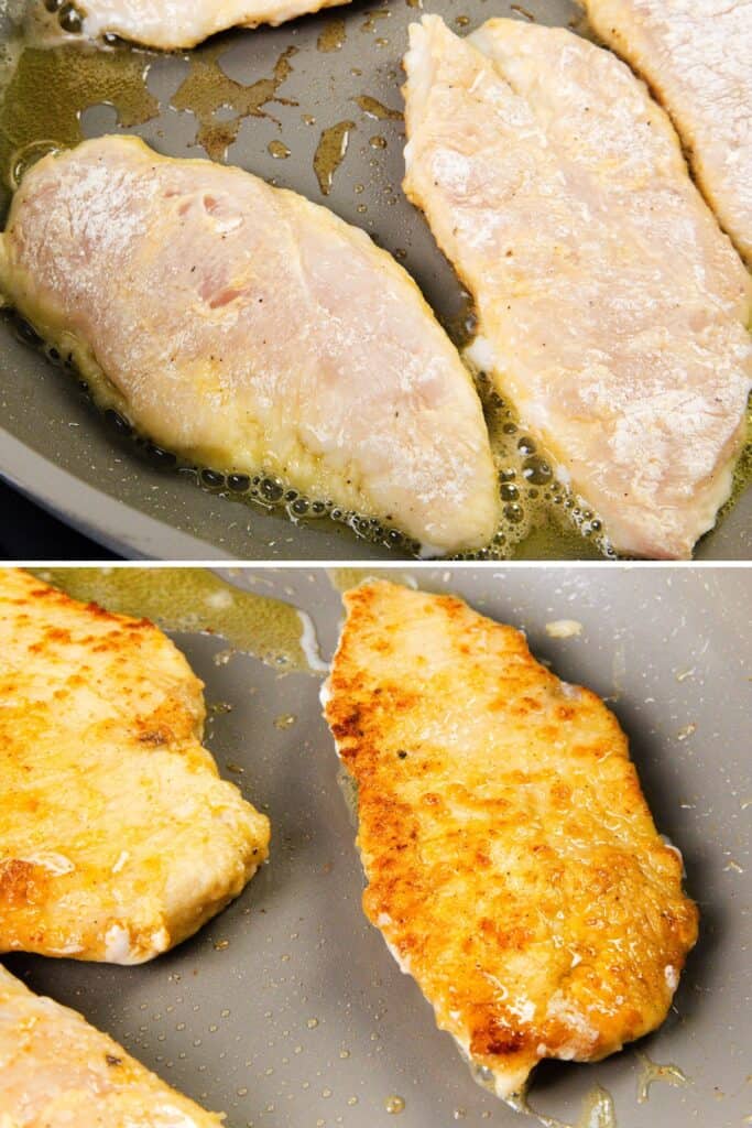 A close-up of chicken fillets being pan-fried in oil with a hint of mustard. The top half shows raw pieces, while the bottom half displays them golden-brown and cooked to perfection, epitomizing the transformation into delicious mustard chicken.