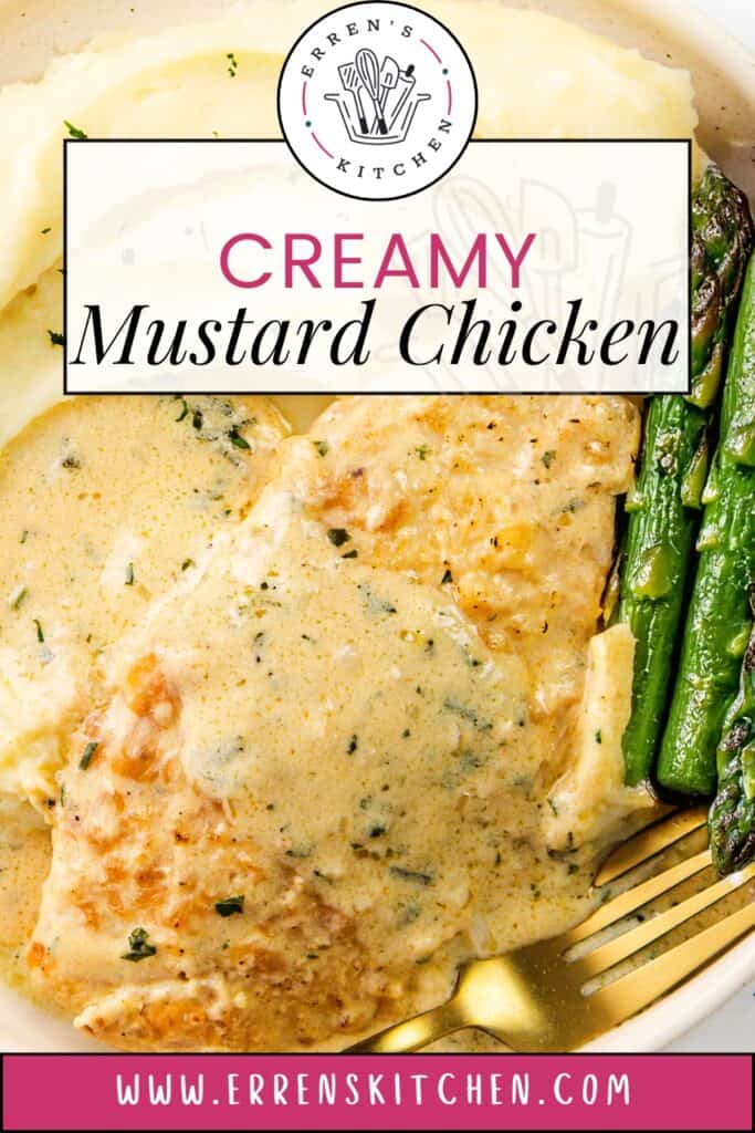 A plate of creamy mustard chicken with mashed potatoes and asparagus, all perfectly presented. This delightful dish, garnished with herbs, is served with a rich, velvety sauce. Enjoy this Mustard Chicken masterpiece from Erren's Kitchen.