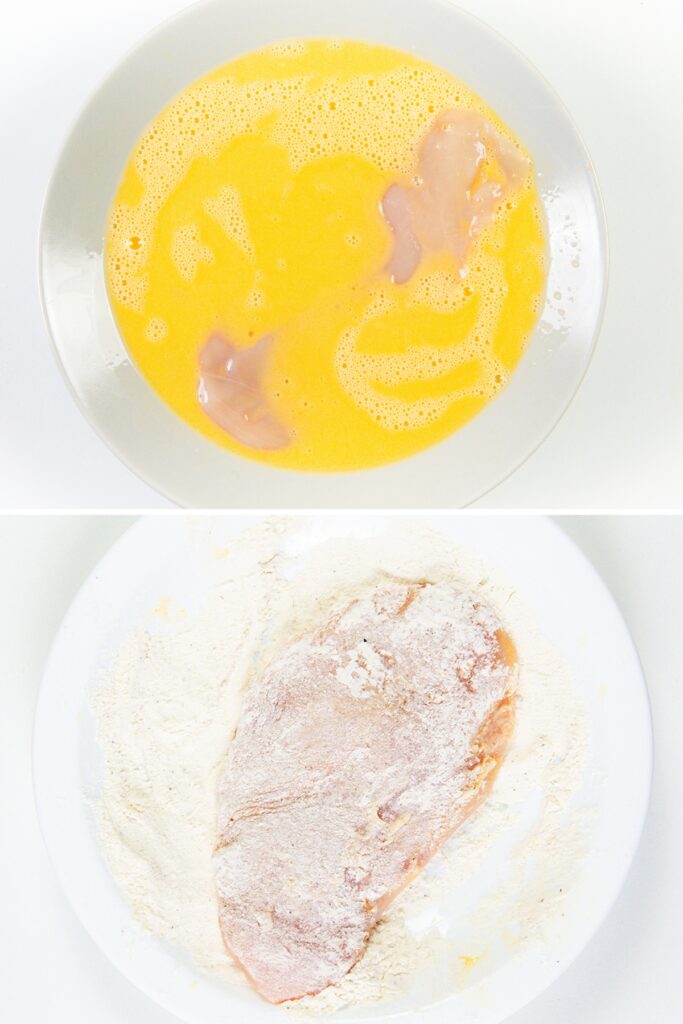 Top image: Raw mustard chicken pieces submerged in a bowl of beaten eggs. Bottom image: A piece of chicken coated with flour on a white plate.