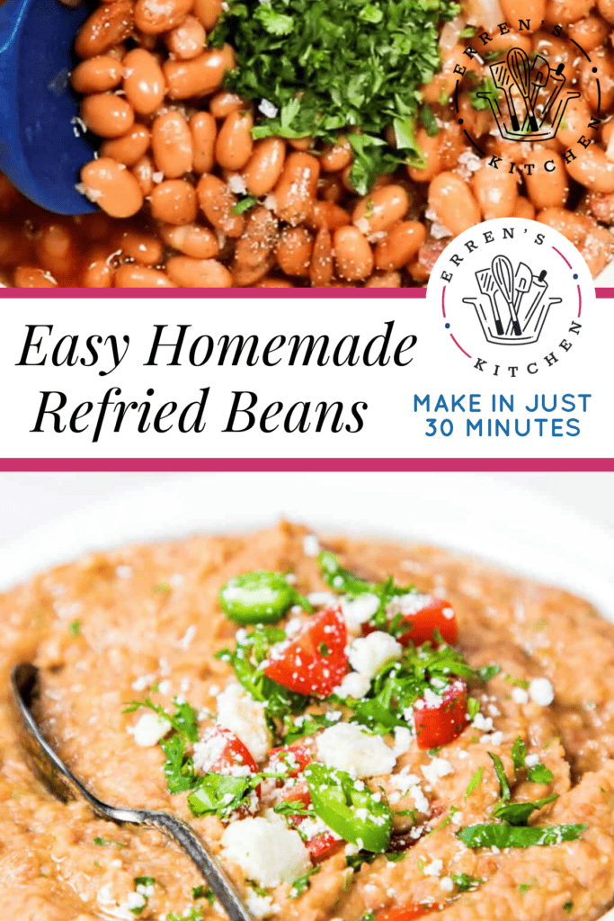 A photo of the beans cooking and the completed refried beans in a serving bowl sprinked with tomatoes, jalepenos, and fresco cheese.