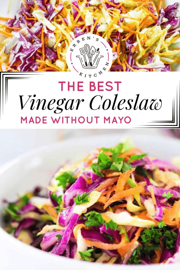 Bowls full of vinegar coleslaw with red cabbage, green cabbage, carrots, and onion.