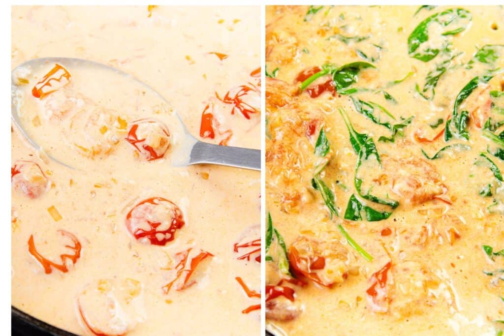 Two side-by-side images of creamy shrimp dishes reminiscent of a Tuscan feast. The left features shrimp in a creamy sauce with red pepper flakes, while the right pairs shrimp with spinach in a similar luscious sauce. Perfect for those who also savor the flavors of Tuscan salmon.