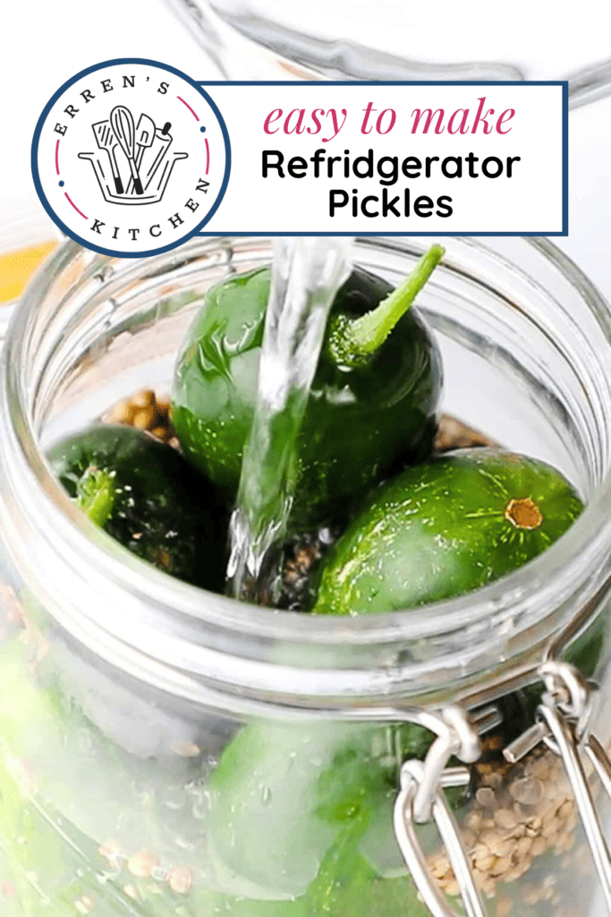 A jar full of homemade refrigerator pickles and the liquid being poured into the jar.