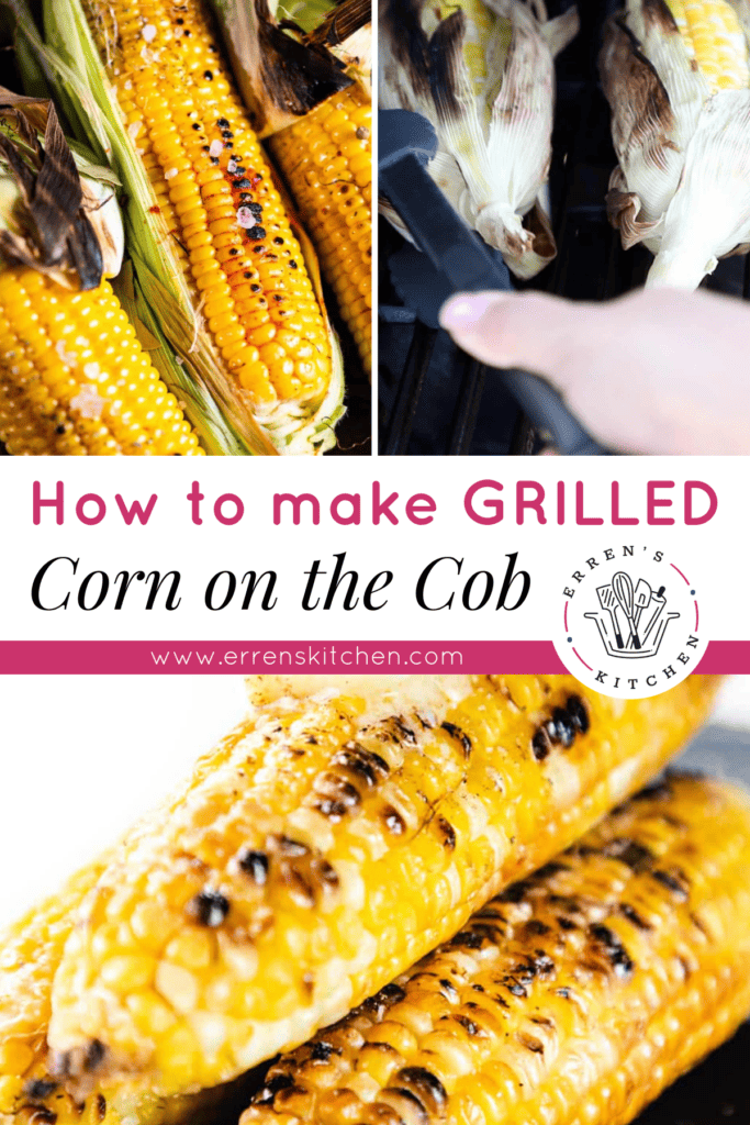 Three images showing corn being grilled on a grill and turned with tongs, completed grilled corn, and shucked grilled corn with butter melting over top.