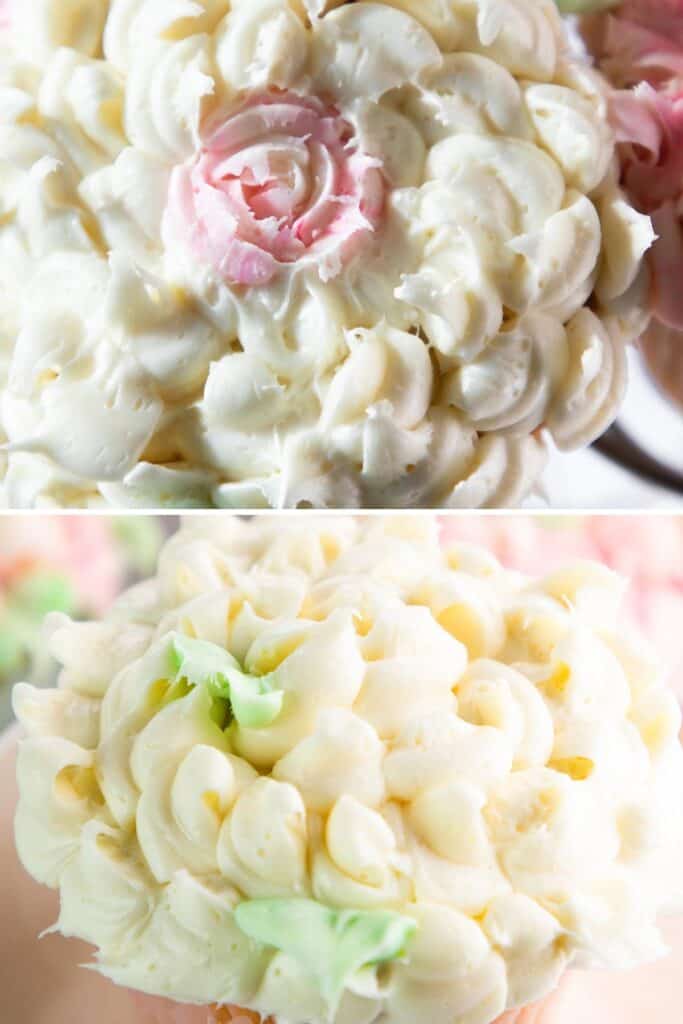 one cupcake flower that's white and one with a pink center