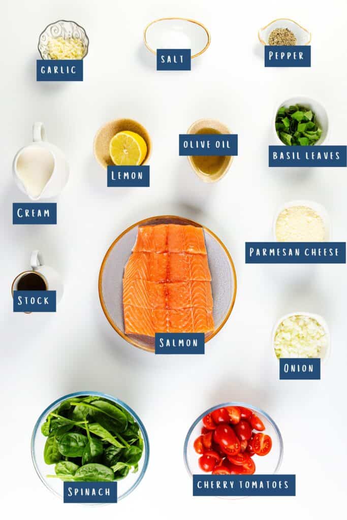 Ingredients for Tuscan Salmon are laid out on a white surface: a piece of salmon, spinach, cherry tomatoes, onion, basil leaves, Parmesan cheese, garlic, cream, stock, lemon slice, olive oil, salt, and pepper. Each is labeled to perfection.