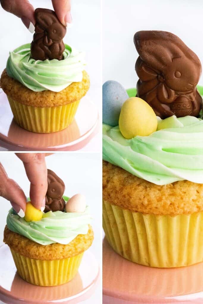 photos showing how to add decorations to a cupcake