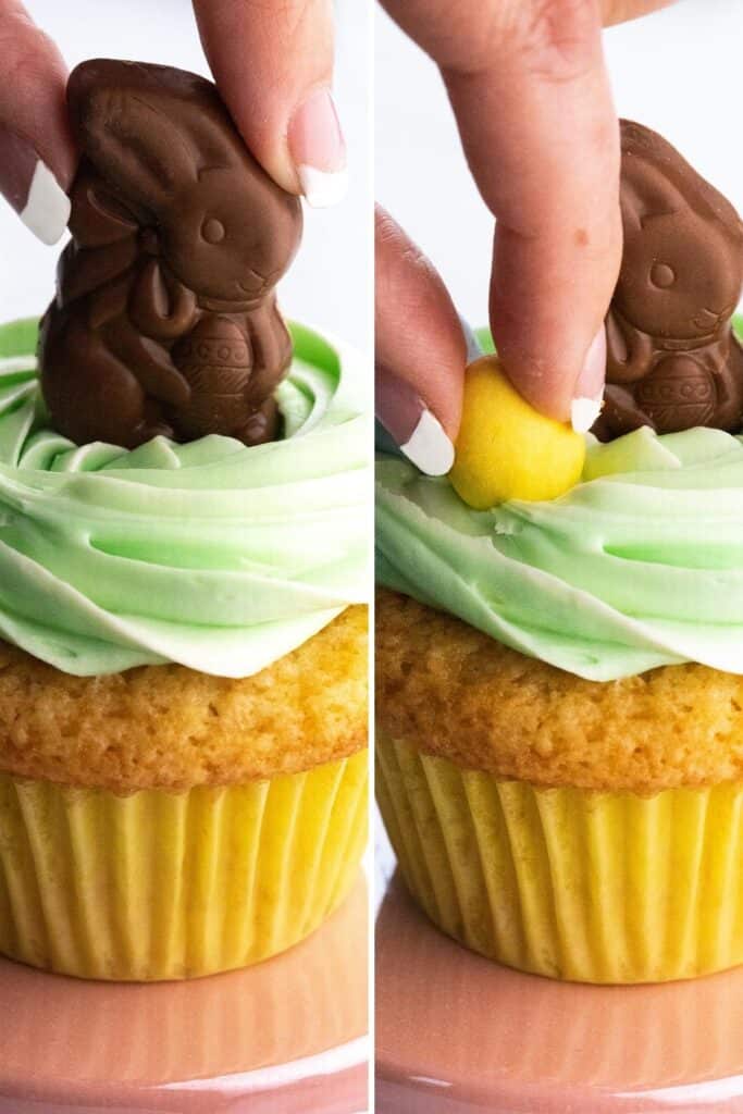 photos showing how to add decorations to a cupcake