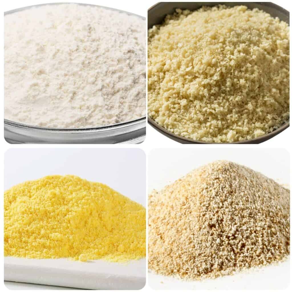 flour, panko, cornmeal, and bread crumbs