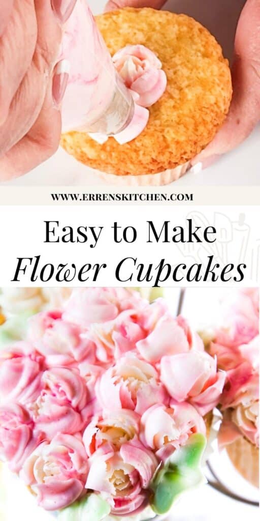 a pink flower being piped onto a cupcake