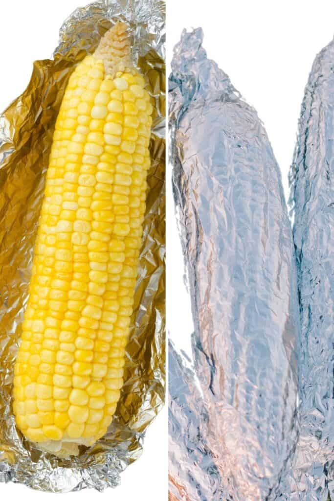 individual ears of corn in foil and wrapped in foil