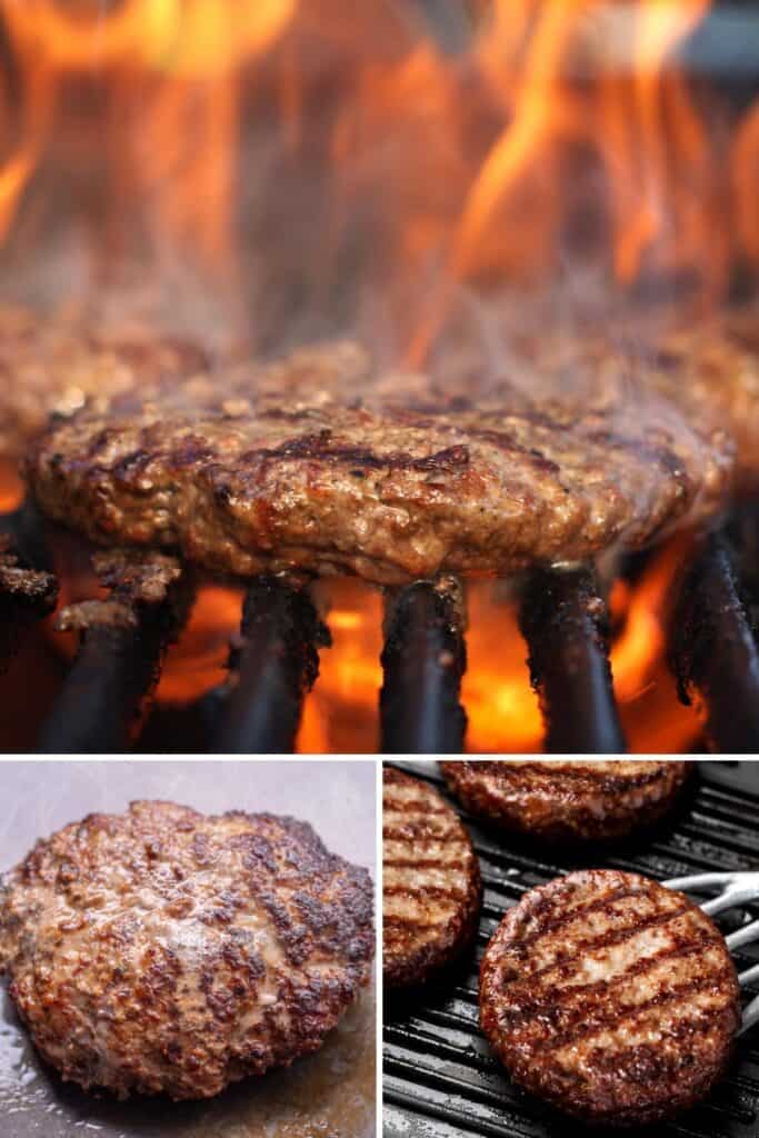 burgers cooking on a grill, pan frying and pan grilling