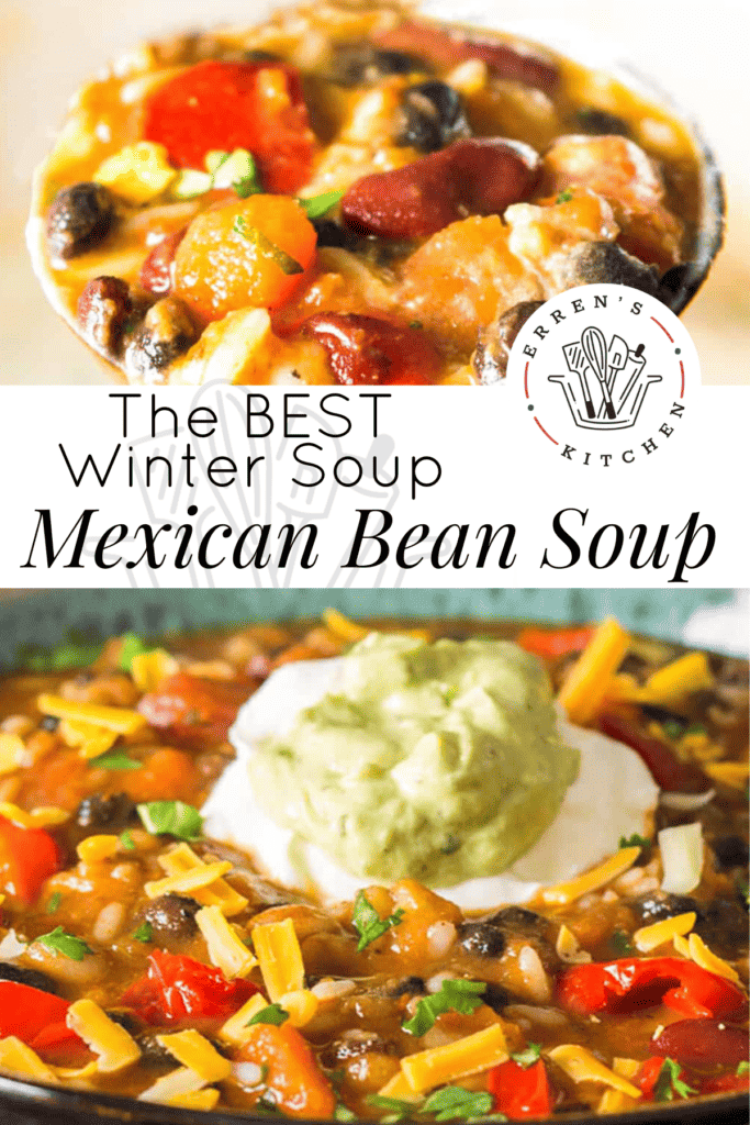 A ladle full of Mexican soup with beans and rice and a bowl full of Mexican soup with beans and rice, shredded cheese, and a dollop of guacamole and sour cream in the center.