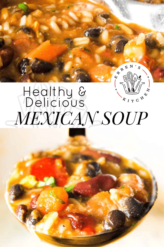 A ladle full of Mexican soup with beans and rice and a pot of the Mexican soup cooking.