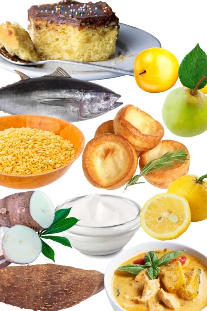 a selection of foods that start with Y with a white background