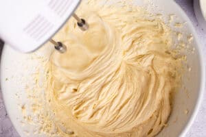 The cake batter being mixed in a bowl.