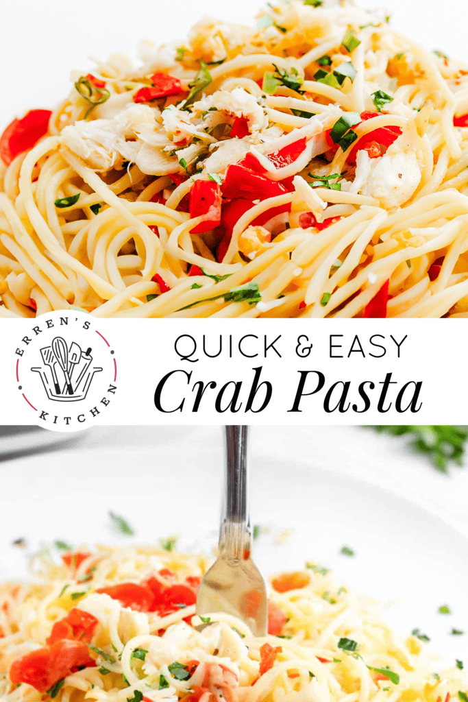 A delicious plate of spaghetti and crab with red piquante peppers being twisted onto a fork with parsley sprinkled on top.