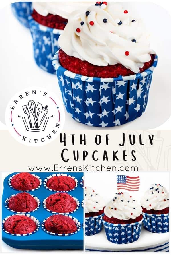 a pinterest pin showing the different views of 4th of July Cupcakes with and without the frosting