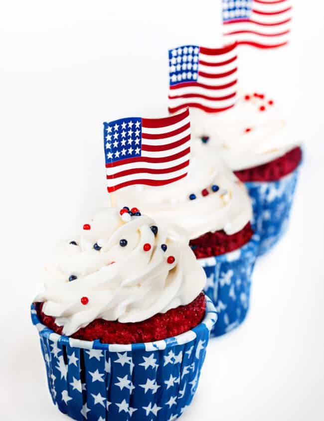 The 4th of July cupcakes topped with mini Americana flags