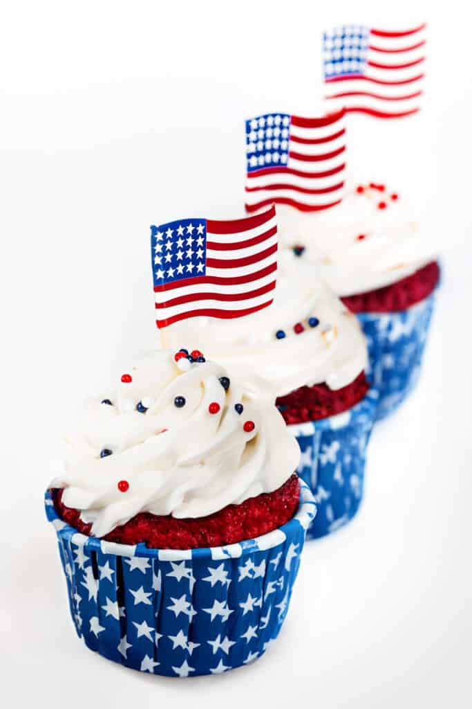 The 4th of July cupcakes topped with mini Americana flags