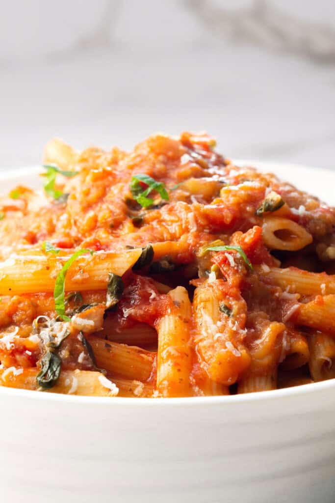 Close-up of a bowl of Pasta Alla Norma topped with a rich tomato sauce, grated cheese, and garnished with fresh basil leaves. The pasta appears perfectly cooked, with the sauce evenly coating the penne. The background is slightly blurred, highlighting the dish.